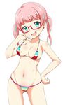  aqua_eyes aqua_hair bikini blush body_blush breasts cameltoe cleavage earrings glasses groin hand_on_hip highres itamochi jewelry large_breasts looking_at_viewer midriff multicolored_hair navel open_mouth pink_hair rainbow rokusaki_coney shiny shiny_skin skindentation smile solo strap_lift striped striped_bikini swimsuit tokyo_7th_sisters twintails 