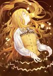  absurdres blonde_hair brown_background closed_eyes commentary_request ferrero ferrero_rocher hair_over_one_eye highres long_hair original personification simple_background skirt solo sunyuqian very_long_hair 