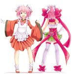  alternate_costume apron back bandages bare_shoulders bow death_angel_komachi double_bun elbow_gloves flower gloves hair_bow highres ibaraki_kasen ichirino_minagi japanese_clothes kimono long_sleeves magical_girl maid_apron one_eye_closed open_mouth pink_eyes pink_flower pink_hair pink_rose rose shirt skirt smile solo thighhighs touhou white_gloves white_legwear wide_sleeves zettai_ryouiki 