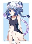  blue_eyes blue_hair blush braid breasts cat_hair_ornament cleavage double_bun hair_ornament haku_(p&amp;d) long_hair medium_breasts multicolored_hair one-piece_swimsuit parted_lips puzzle_&amp;_dragons silver_hair solo swimsuit tail takoyaki_kenken tiger_tail twin_braids two-tone_hair 