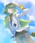  adjusting_clothes adjusting_hat baseball_cap blue_sky cloud day green_eyes green_hair hat jacket jewelry long_hair male_focus n_(pokemon) necklace pokemon pokemon_(game) pokemon_bw signature sky sky-sky solo 