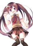  brown_hair long_hair necktie original purple_eyes red_neckwear school_uniform solo thighhighs twintails v yatsuki_yura 