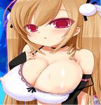 1girl animated_gif areola_slip areolae bare_shoulders blonde_hair blush bounce bouncing_breasts breasts cleavage hair_ornament huge_breasts long_hair looking_at_viewer midriff navel nipple_slip nipples red_eyes shuz shuz_(dodidu) skirt solo standing twintails very_long_hair 