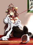  against_wall ahoge ball_gag bdsm black_eyes black_legwear bondage bound breasts brown_hair collar crossed_legs cup double_bun drooling gag gag_around_neck glint headgear kantai_collection kongou_(kantai_collection) leash licking_lips light_rays long_hair looking_to_the_side medium_breasts miniskirt nontraditional_miko off_shoulder on_floor one_eye_closed pleated_skirt ribbon-trimmed_sleeves ribbon_trim s-tendo615 saliva shadow shibari shibari_under_clothes sitting skirt slave solo tea teacup thighhighs tongue tongue_out ungagged vibrator vibrator_in_thighhighs 
