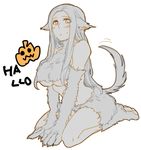  a_will breasts fur gloves halloween halloween_costume jack-o'-lantern kago1205 large_breasts long_hair monochrome paw_gloves paw_shoes paws shoes solo tail tail_wagging underboob 