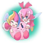  1boy 2girls :&lt; blue_eyes blush character_request elline eyes_closed fairy hair_ribbon kirby kirby_(series) kirby_64 kirby_and_the_rainbow_curse multicolored_hair multiple_girls nintendo pink_hair rainbow_hair ribbon ribbon_(kirby) short_hair smile wings 