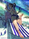  anklet ass bad_id bad_pixiv_id barefoot beach beach_chair black_hair bottle chain cloud day drink feet flower furyou_michi_~gang_road~ hagakure_sayuki hat jewelry jikan_hakushaku kunai lying ocean on_stomach shuriken soles sun_hat sunlight swimsuit toes twintails weapon wet 