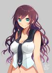  aqua_eyes breasts brown_hair cleavage highres kantai_collection large_breasts long_hair navel necktie noshiro_(kantai_collection) school_uniform serafuku simple_background solo tebi_(tbd11) upper_body 