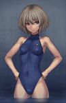  bare_shoulders blue_eyes bob_cut brown_hair covered_navel hair_between_eyes hands_on_hips katagiri_(a1466502) one-piece_swimsuit original short_hair solo swimsuit wading 