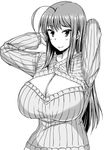  ahoge breasts cleavage cleavage_cutout greyscale huge_breasts komusou_(jinrikisha) long_hair meme_attire monochrome ooba_minori open-chest_sweater original smile solo sweater 