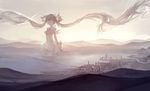  absurdly_long_hair bare_shoulders bridge city cityscape closed_eyes detached_collar giantess hatsune_miku hill horizon kklaji008 landscape long_hair partially_submerged river scenery sky solo sunlight sunset twintails very_long_hair vocaloid water 