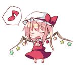  alternate_wings arms_behind_back ascot blonde_hair bow chibi closed_eyes dress eighth_note flandre_scarlet hat hat_bow mob_cap music musical_note ominaeshi_(takenoko) open_mouth red_dress shirt side_ponytail simple_background singing solo speech_bubble spoken_musical_note star touhou white_background wings 