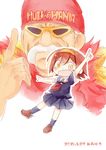  1girl :d artist_name bad_id bad_pixiv_id black_serafuku brown_eyes brown_hair crossover dated facial_hair hairband headwear hinata_yuu hulk_hogan index_finger_raised kantai_collection looking_at_viewer mustache open_mouth orange_hairband pleated_skirt school_uniform serafuku shiratsuyu_(kantai_collection) short_hair skirt smile sunglasses wwe 