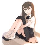  1girl bangs black_bow black_panties black_skirt blush bow brown-framed_eyewear brown_eyes brown_hair closed_mouth collared_shirt dress_shirt eyebrows_visible_through_hair glasses hair_ornament hairclip head_tilt kokudou_juunigou leg_hug looking_at_viewer original panties pleated_skirt puffy_short_sleeves puffy_sleeves shirt shoes short_sleeves sitting skirt socks solo underwear uwabaki white_background white_footwear white_legwear white_shirt 