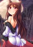 animal_ears ass back bamboo bare_shoulders blush breasts brooch brown_hair dress fang full_moon fun_bo imaizumi_kagerou jewelry long_hair looking_at_viewer looking_back medium_breasts moon night night_sky red_eyes sky slit_pupils smile solo tail touhou wolf_ears wolf_tail 