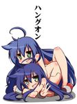  :3 :d ahoge blue_hair blush check_translation dual_persona fangs green_eyes izumi_konata konata-02 long_hair looking_up lucky_star mizushima_(p201112) multiple_girls nude on_person open_mouth robot robot_joints simple_background smile teeth translation_request very_long_hair w white_background wrist_cuffs 