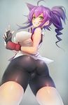  ahoge ass bare_arms bike_shorts borrowed_character breasts cameltoe fingerless_gloves gloves green_eyes highres impossible_clothes large_breasts long_hair looking_at_viewer original ponytail purple_hair skin_tight smile solo taishi_(picchiridou) umizakura_tachimi v 