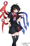  asymmetrical_wings black_dress black_hair black_legwear bow dress highres houjuu_nue ichiba_youichi open_mouth red_eyes revision short_sleeves smile solo thighhighs touhou wings wrist_cuffs zettai_ryouiki 