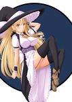  ankle_boots apron arm_behind_head ascot bad_id bad_pixiv_id black_legwear blonde_hair blue_background boots bow breasts brown_footwear chiro closed_mouth collared_shirt ear_piercing expressionless full_body garter_straps hat hat_bow impossible_clothes impossible_shirt kirisame_marisa large_breasts long_hair piercing puffy_short_sleeves puffy_sleeves shirt short_sleeves simple_background solo thighhighs touhou very_long_hair waist_apron white_background white_bow witch_hat wrist_cuffs yellow_eyes 