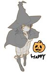  a_will cape hair_over_one_eye halloween halloween_costume hat jack-o'-lantern kago1205 long_hair monochrome solo wand witch_hat 