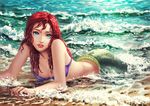  ariel_(disney) beach bikini_top blue_eyes disney eyelashes long_hair looking_at_viewer lying mermaid monster_girl oana_birtea ocean on_stomach red_hair red_lips solo the_little_mermaid watermark web_address wet wet_hair 