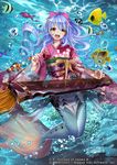  bow brown_hair bubble drill_hair fish flower hair_bow hair_flower hair_ornament instrument japanese_clothes kimono koto_(instrument) lavender_hair long_hair mermaid monster_girl obi official_art pisuke sash smile solo underwater very_long_hair z/x 