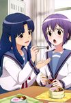  :d :o absurdres asakura_ryouko blue_eyes blue_hair blush chopsticks dark_blue_hair eyebrows feeding food furoshiki glasses half_updo highres kita_high_school_uniform long_hair multiple_girls nagato_yuki nagato_yuki-chan_no_shoushitsu non-web_source nyantype obentou official_art open_mouth purple_hair school_uniform serafuku smile suzumiya_haruhi_no_shoushitsu suzumiya_haruhi_no_yuuutsu 