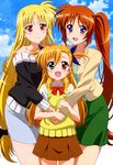  absurdres blonde_hair brown_hair cloud day fate_testarossa girl_sandwich green_eyes heterochromia highres long_hair lyrical_nanoha mahou_shoujo_lyrical_nanoha mahou_shoujo_lyrical_nanoha_vivid mother_and_daughter multiple_girls non-web_source nyantype official_art open_mouth purple_eyes red_eyes sandwiched school_uniform side_ponytail sky smile st._hilde_academy_of_magic_uniform sweater_vest takamachi_nanoha very_long_hair vivio wife_and_wife yuri 