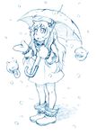  :d ahoge bbb_(friskuser) blue dress highres holding horns kantai_collection long_hair md5_mismatch mittens monochrome northern_ocean_hime open_mouth shinkaisei-kan simple_background smile snowing solo umbrella white_background 