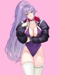  1girl alternate_breast_size alternate_costume artist_name blush breasts cleavage closed_mouth commentary contemporary english_commentary fire_emblem fire_emblem:_genealogy_of_the_holy_war hair_between_eyes head_tilt highleg highleg_swimsuit ishtar_(fire_emblem) jacket large_breasts long_hair long_sleeves meziosaur one-piece_swimsuit open_clothes open_jacket pink_background ponytail purple_eyes purple_hair purple_one-piece_swimsuit sidelocks simple_background solo swimsuit thighhighs very_long_hair white_thighhighs 