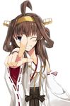  ahoge bad_id bad_pixiv_id bare_shoulders blush brown_hair detached_sleeves double_bun foreshortening grin hairband headgear highres kantai_collection kongou_(kantai_collection) long_hair looking_at_viewer myuton nontraditional_miko one_eye_closed outstretched_hand pointing pointing_at_viewer purple_eyes ribbon-trimmed_sleeves ribbon_trim simple_background smile solo white_background 
