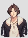  1boy ah_yoshimizu black_jacket blue_eyes brown_hair cropped_torso earrings final_fantasy final_fantasy_viii fur-trimmed_jacket fur_trim grey_background head_back highres jacket jewelry male_focus necklace open_clothes open_jacket scar scar_on_face serious shirt short_hair simple_background solo squall_leonhart stud_earrings upper_body white_shirt 
