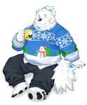 anthro bandage_on_face barefoot belly beverage blush canid canine canis christmas christmas_clothing christmas_sweater christmas_topwear clothing coffee domestic_dog feet fur hi_res holidays lifewonders live_a_hero male mammal mug nordic_sled_dog one_eye_closed overweight pawpads ruoain samoyed solo spitz sweater topwear white_body white_fur wink yohack