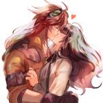  1boy 1girl ahoge black_gloves brown_hair cardia_beckford code:realize commentary fingerless_gloves gloves goggles goggles_on_head heart hetero hug impey_barbicane jacket kash-phia kiss long_hair long_sleeves red_hair sleeves_rolled_up symbol-only_commentary upper_body white_background 