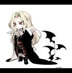  1boy alucard_(castlevania) blonde_hair blush boots cape castlevania castlevania:_symphony_of_the_night chibi gloves kotorai long_hair male_focus silver_hair simple_background solo sword weapon white_hair 