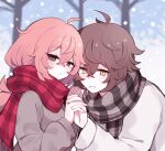  1boy 1girl brown_eyes brown_hair brown_scarf brown_sweater clarevoir couple highres holding_hands long_sleeves messy_hair original pink_hair plaid plaid_scarf red_scarf scarf smile snow sweater white_sweater winter winter_clothes yellow_eyes 