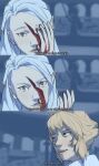 arena blood blood_on_face blood_on_hand bodily_fluids comic cutesune dialogue duo elf female hi_res humanoid meme seraphine_(cutesune) text wounded