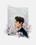  1boy armouries beyond_evil black_eyes black_hair closed_mouth cropped_torso floral_background flower grey_background han_joowon_(beyond_evil) highres magnolia male_focus profile short_hair solo wavy_hair white_flower 