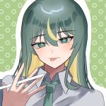  1girl absurdres apple_pencil blonde_hair blush collared_shirt commentary green_background green_hair green_necktie hair_between_eyes highres long_hair looking_at_viewer mole mole_under_eye multicolored_hair necktie original outline portrait shirt sidelocks solo tongue tongue_out tsukuno_tsuki two-tone_hair white_outline white_shirt 