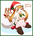  1girl amagasane arms_behind_back bell black_legwear blonde_hair blush boots border breasts christmas earrings green_eyes hair_bobbles hair_ornament hat jewelry jingle_bell long_hair merry_christmas navel nipples nude open_mouth original pussy reindeer ribbon sack santa_boots santa_hat sitting smile solo star stuffed_animal stuffed_toy thighhighs twintails uncensored wariza wrist_cuffs 