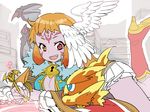  :d asymmetrical_wings bad_id bad_pixiv_id breasts center_opening cleavage demon_girl demon_wings facial_mark fang feathered_wings fire frills head_wings heterochromia high_heels holding large_breasts lock long_hair long_sleeves lying miniskirt on_stomach open_mouth orange_eyes orange_hair padlock pen pleated_skirt purple_skin puzzle_&amp;_dragons red_eyes skirt smile solo theurgia_(p&amp;d) white_skirt wings writing yamanashi_taiki 