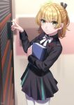  1girl absurdres blonde_hair blurry blurry_background book bookshelf bow bowtie green_eyes hair_ribbon half_updo heaven_burns_red highres holding holding_book indoors long_sleeves looking_at_viewer nanase_nanami_(heaven_burns_red) nil_(pixiv_53614557) pantyhose parted_lips ribbon shirt short_hair skirt solo 