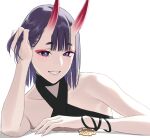  1girl bare_shoulders breasts collarbone criss-cross_halter eyeliner fate/grand_order fate_(series) grin halterneck horns looking_at_viewer makeup nakuta oni oni_horns purple_eyes purple_hair short_hair shuten_douji_(fate) skin-covered_horns small_breasts smile solo 