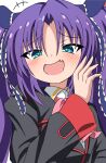  +++ 1girl :d aqua_eyes black_jacket blue_ribbon blush commentary fang frilled_ribbon frills hand_up highres jacket laughing little_busters! little_busters!_school_uniform long_hair long_ribbon long_sleeves looking_at_viewer ojou-sama_pose open_mouth parted_bangs purple_hair ribbon sasasegawa_sasami school_uniform silky_(silky_illust) simple_background skin_fang smile smirk solo tsurime upper_body white_background 