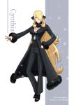  1girl absurdres black_coat black_footwear black_pants black_shirt blonde_hair breasts character_name cleavage closed_mouth coat cynthia_(pokemon) full_body fur-trimmed_sleeves fur_collar fur_trim grey_eyes hair_ornament hair_over_one_eye hand_on_own_hip highres large_breasts long_hair looking_at_viewer mikka_tsukiyo open_hand pants pokemon pokemon_dppt shirt smile solo standing very_long_hair 