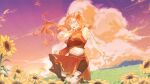  1girl :d arm_tattoo artist_request bracelet breasts closed_eyes cloud flower grass horns indie_virtual_youtuber jewelry long_hair midriff nagami_mugi navel official_art orange_hair outdoors red_skirt skirt small_breasts smile solo standing sunflower tattoo 