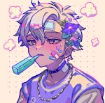  1boy bandaged_head bandaged_neck bandages bandaid bandaid_on_head blush bottle collar commentary_request earrings flower flower_request food_in_mouth gradient_eyes hair_flower hair_ornament haru4aki highres jewelry long_sleeves male_focus multicolored_eyes multiple_earrings necklace original parted_lips pink_eyes portrait purple_eyes purple_flower purple_shirt shirt sick simple_background solo sweat upper_body visible_air yellow_background 