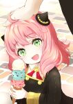  1girl 1other absurdres anya_(spy_x_family) child cobblestone dress food green_eyes hairpods headpat highres holding holding_food holding_ice_cream ice_cream ice_cream_cone lavie_(cestbonlavie) long_hair long_sleeves looking_up open_mouth out_of_frame outdoors pink_hair smile solo_focus spy_x_family triple_scoop 