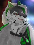 anthro black_and_white_fur canid canine canis domestic_dog green_eyes hi_res hood husky jewelry lifewonders live_a_hero long_coat male mammal monomasa necklace nordic_sled_dog red_sclera reikimei solo spitz