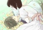  1boy 1girl brown_hair closed_eyes dress facing_another flower hazuki_ryousuke hetero lying natsuyuki_rendezvous on_back outdoors petals pixiv_4266381 shimao_rokka short_hair short_sleeves sleeping white_dress yellow_flower 